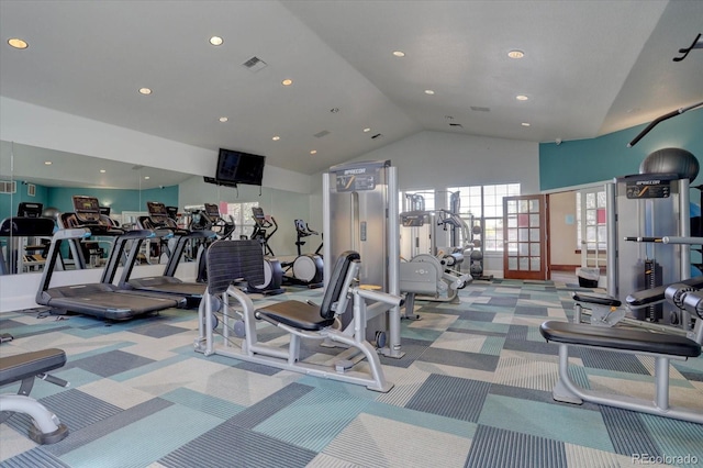 gym featuring light colored carpet and vaulted ceiling