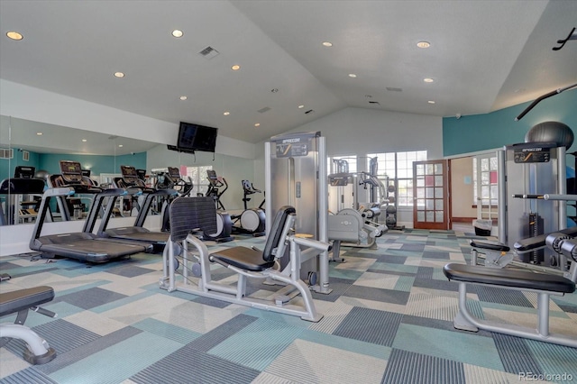 exercise room with recessed lighting, visible vents, high vaulted ceiling, and carpet floors
