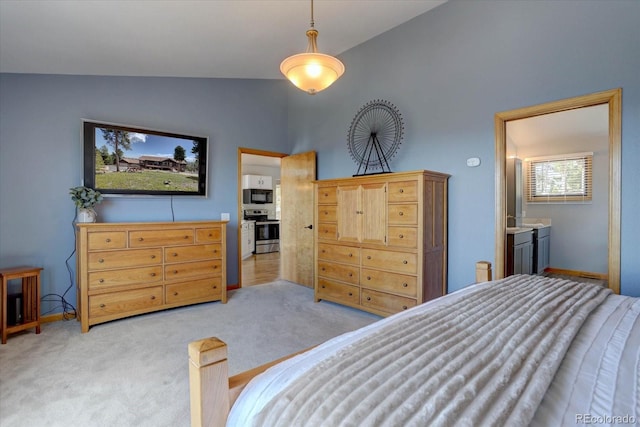 32091 Black Widow Dr, Conifer, CO 80433 - bedroom featuring vaulted ceiling and light colored carpet