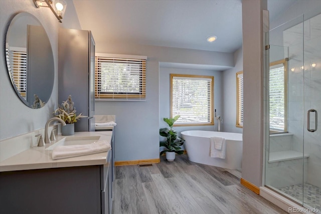 32091 Black Widow Dr, Conifer, CO 80433 - bathroom with vanity, a freestanding bath, wood finished floors, and a stall shower