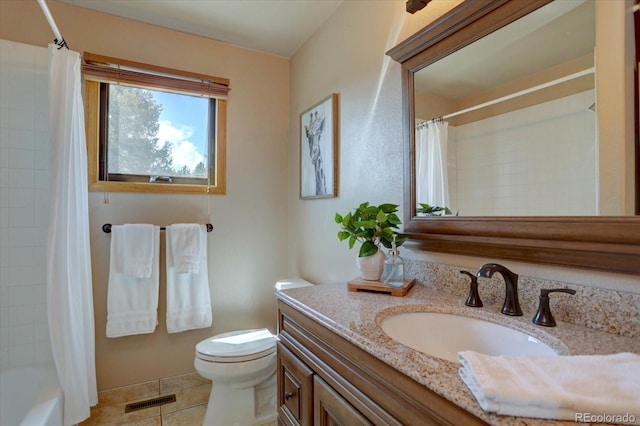32091 Black Widow Dr, Conifer, CO 80433 - bathroom featuring vanity, tile patterned floors, and shower / tub combo