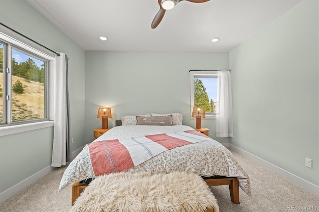 carpeted bedroom with recessed lighting, ceiling fan, and baseboards