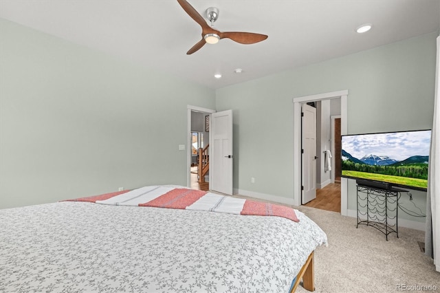 bedroom with ceiling fan, baseboards, and recessed lighting