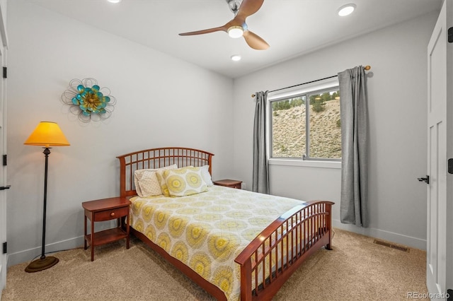 bedroom with carpet, recessed lighting, visible vents, a ceiling fan, and baseboards