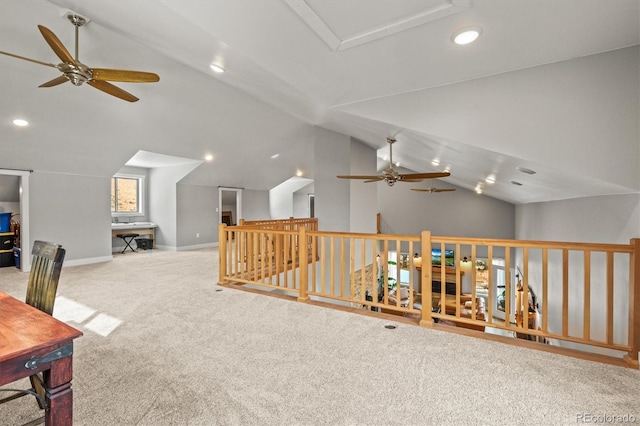 interior space featuring vaulted ceiling, carpet floors, recessed lighting, and baseboards