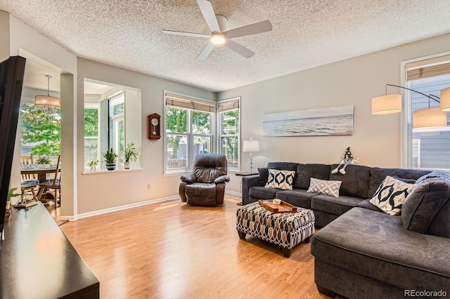 7166 Newhall Dr, Highlands Ranch, CO 80130 - living area featuring a textured ceiling, ceiling fan, and light wood finished floors