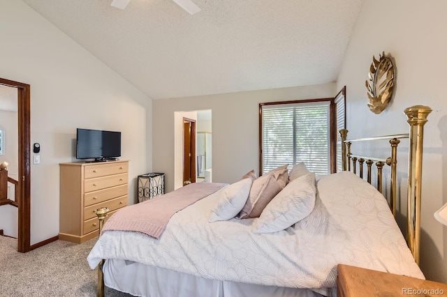 7166 Newhall Dr, Highlands Ranch, CO 80130 - bedroom featuring light colored carpet, lofted ceiling, a ceiling fan, a textured ceiling, and ensuite bath