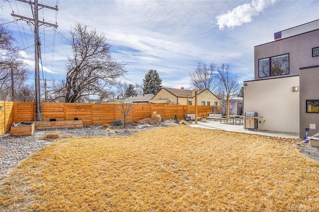 view of yard with a fenced backyard and a patio