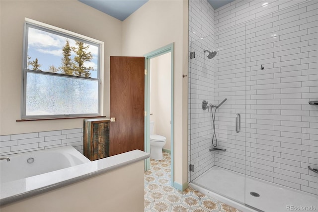 1023 Chippewa Rd, Jefferson, CO 80456 - bathroom featuring a shower stall, toilet, a bath, and tile patterned floors
