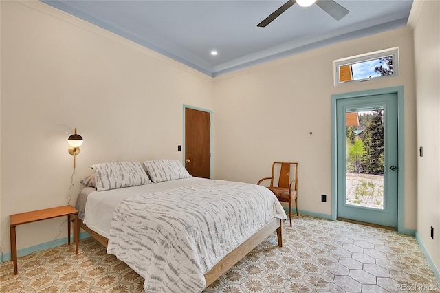 1023 Chippewa Rd, Jefferson, CO 80456 - bedroom featuring access to outside, baseboards, a high ceiling, ceiling fan, and recessed lighting