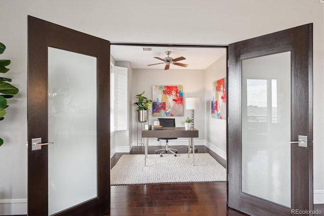 4875 S Monaco St Unit 303, Denver, CO 80237 - office area featuring wood finished floors, baseboards, ceiling fan, and healthy amount of natural light
