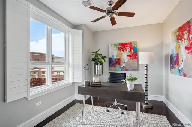 4875 S Monaco St Unit 303, Denver, CO 80237 - office with baseboards, wood finished floors, and a ceiling fan