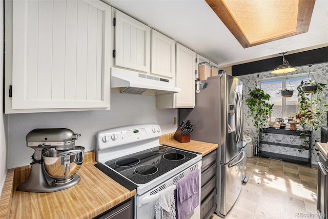 kitchen with white cabinetry, light countertops, electric range, and under cabinet range hood