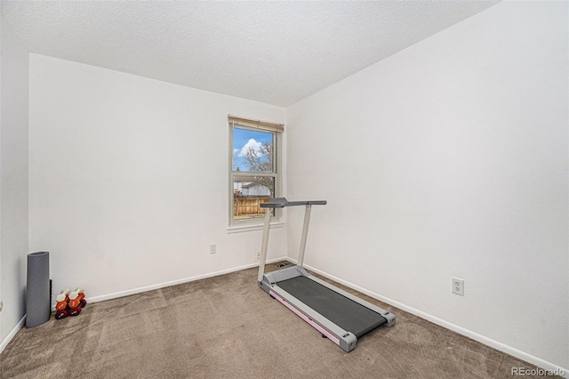 workout room with a textured ceiling, baseboards, and carpet floors