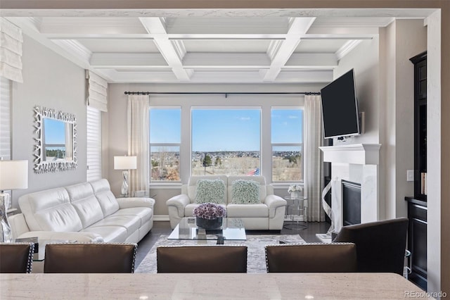 living room featuring coffered ceiling, a wealth of natural light, and beamed ceiling