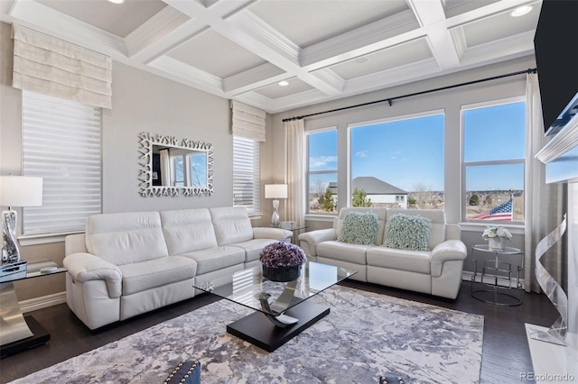 living area with coffered ceiling, wood finished floors, and beamed ceiling