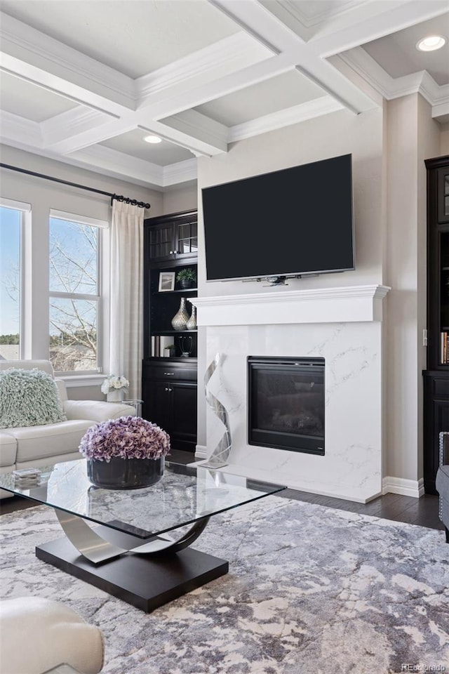 living area featuring ornamental molding, a fireplace, coffered ceiling, and wood finished floors