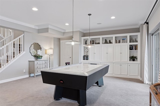 game room featuring ornamental molding, light carpet, and recessed lighting