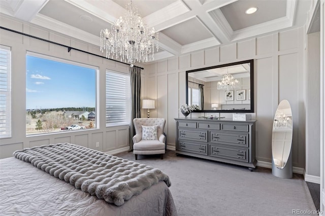 carpeted bedroom featuring coffered ceiling, a decorative wall, beam ceiling, and a notable chandelier