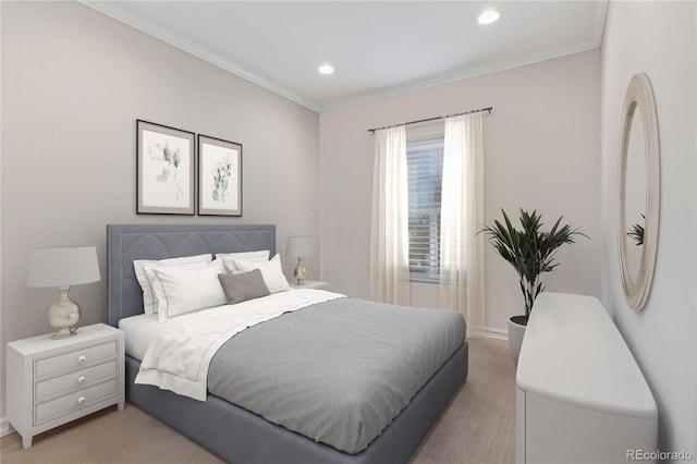 bedroom with crown molding, recessed lighting, baseboards, and light carpet