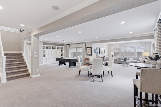 dining area with stairway, ornamental molding, light carpet, and recessed lighting