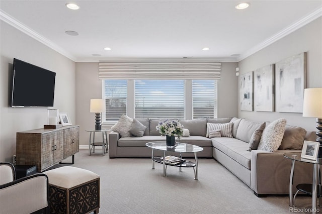 living area with crown molding, baseboards, recessed lighting, and light colored carpet