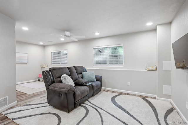 1441 S Ulster St, Denver, CO 80231 - living room with a ceiling fan, plenty of natural light, wood finished floors, recessed lighting, and baseboards