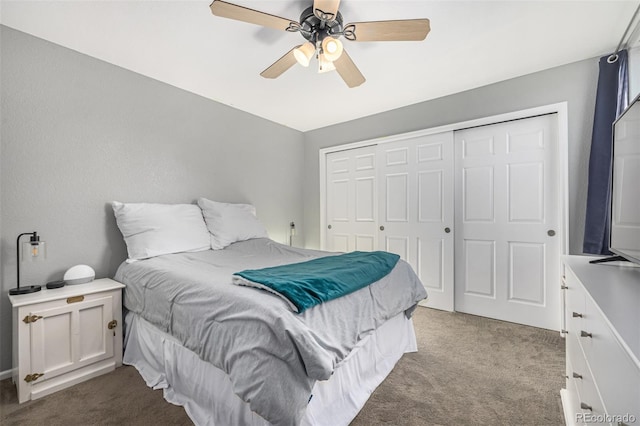 carpeted bedroom featuring ceiling fan and a closet