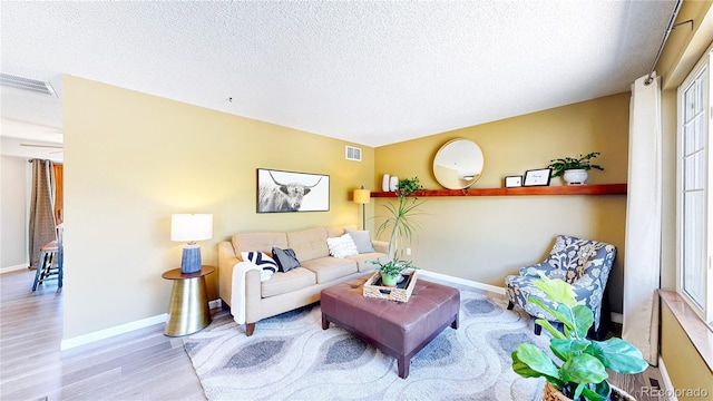 6836 W 79th Dr, Arvada, CO 80003 - living area featuring a textured ceiling and wood finished floors