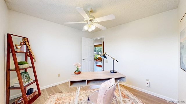 6836 W 79th Dr, Arvada, CO 80003 - office area featuring ceiling fan, light wood-style flooring, and a textured ceiling