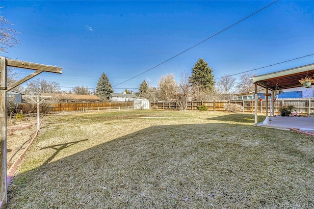 view of yard with a patio, an outbuilding, a fenced backyard, and a shed