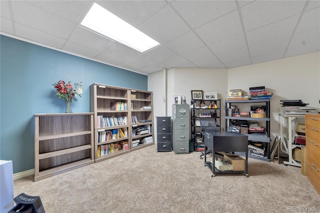 office area with carpet flooring and a paneled ceiling