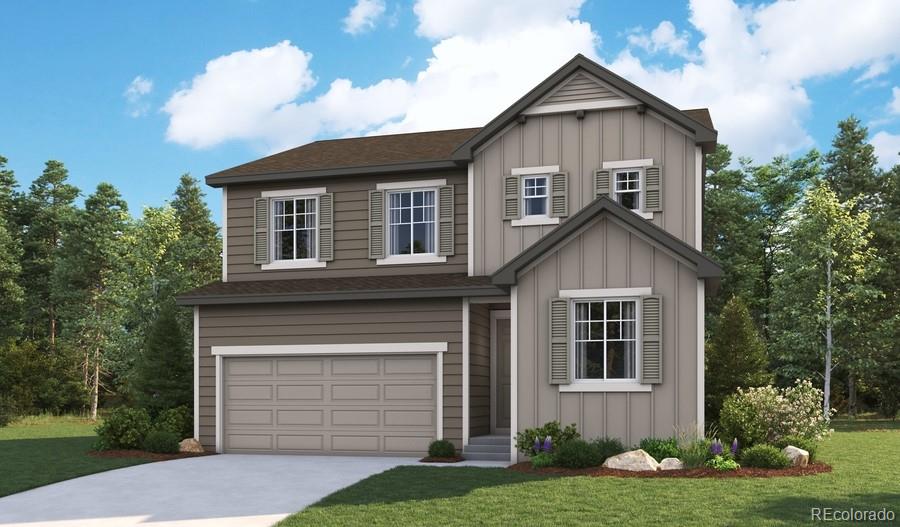 5225 Brangus Dr, Windsor, CO 80528 - view of front of home with board and batten siding, an attached garage, concrete driveway, and a front lawn