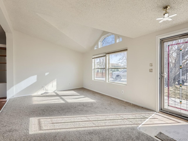 entryway with lofted ceiling, light colored carpet, and a textured ceiling