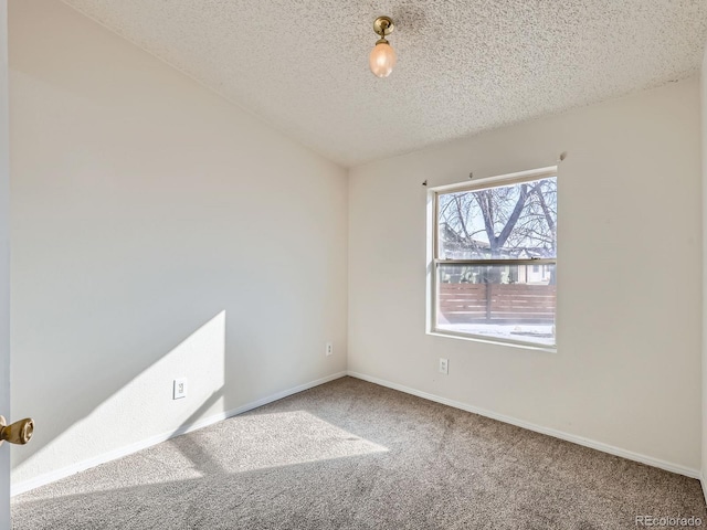 unfurnished room featuring lofted ceiling, carpet flooring, and a textured ceiling