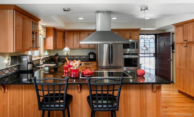 kitchen with sink, light hardwood / wood-style flooring, a breakfast bar, appliances with stainless steel finishes, and island exhaust hood