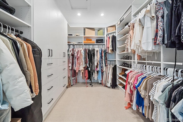 spacious closet featuring light carpet