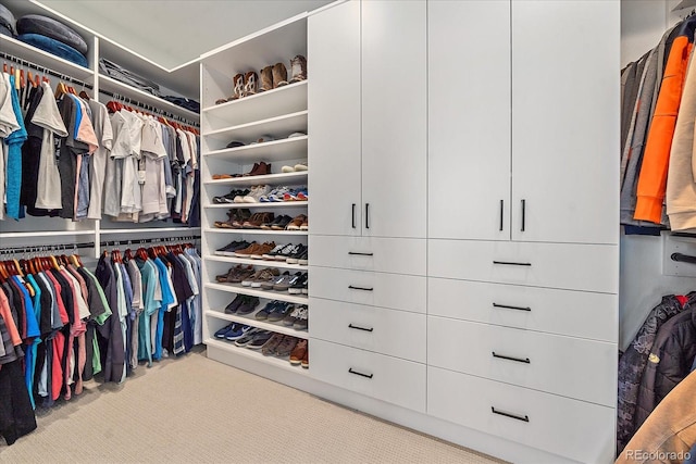 walk in closet with light colored carpet