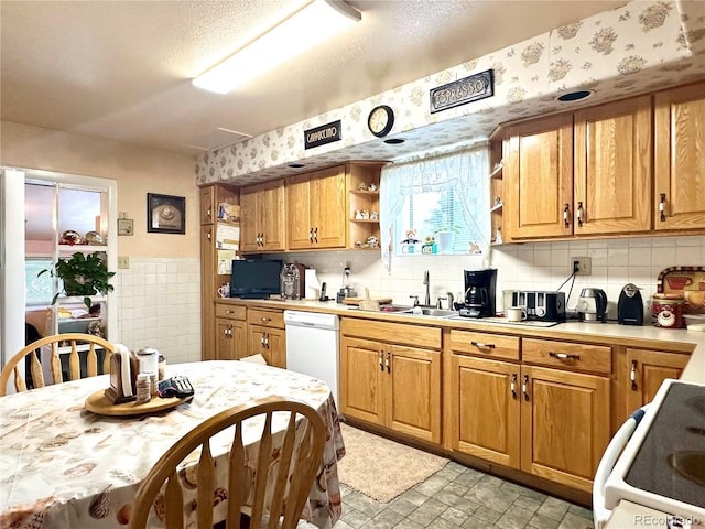 647 D St, Salida, CO 81201 - kitchen with stove, open shelves, light countertops, white dishwasher, and tile walls