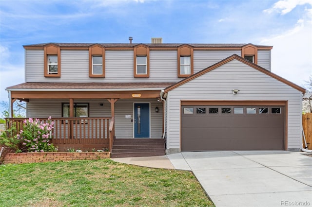 4808 S Ward Way, Morrison, CO 80465 - view of front facade featuring concrete driveway, a porch, a front yard, and a garage