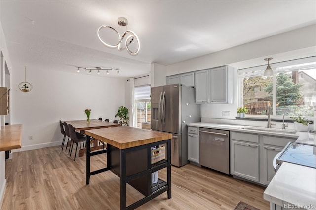 4808 S Ward Way, Morrison, CO 80465 - kitchen featuring stainless steel appliances, light wood-style floors, gray cabinets, and a sink
