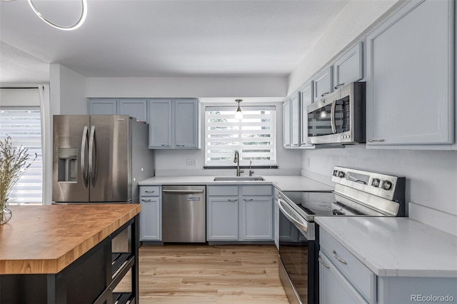 4808 S Ward Way, Morrison, CO 80465 - kitchen with appliances with stainless steel finishes, wooden counters, and light wood-style flooring