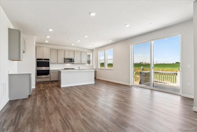 1281 Loraine Cir N, Lafayette, CO 80026 - kitchen featuring stainless steel appliances, gray cabinets, baseboards, dark wood-style floors, and recessed lighting