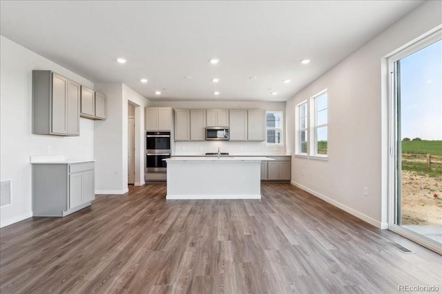 1281 Loraine Cir N, Lafayette, CO 80026 - kitchen featuring stainless steel appliances, gray cabinetry, baseboards, wood finished floors, and recessed lighting