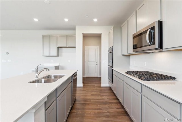 1281 Loraine Cir N, Lafayette, CO 80026 - kitchen with stainless steel appliances, a sink, gray cabinets, recessed lighting, and dark wood-style flooring