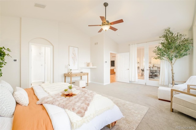 bedroom with high vaulted ceiling, light colored carpet, access to exterior, ceiling fan, and french doors