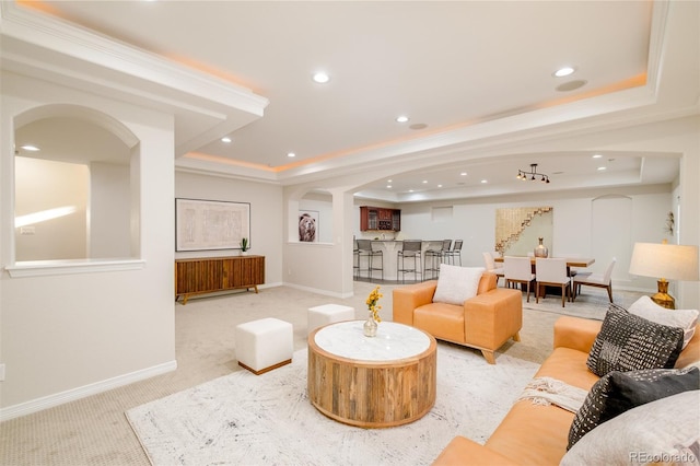 carpeted living room with a raised ceiling