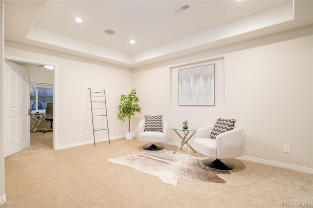 sitting room featuring light colored carpet and a raised ceiling