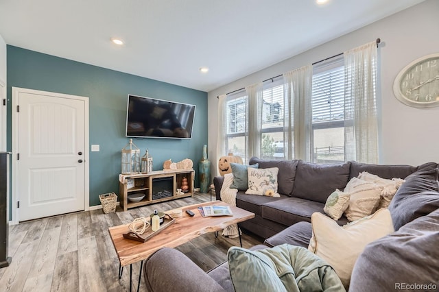 living room with light hardwood / wood-style flooring