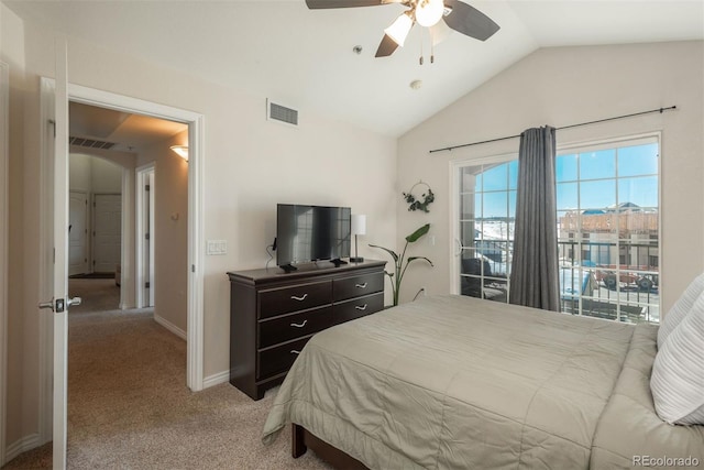 bedroom featuring light carpet, ceiling fan, and lofted ceiling